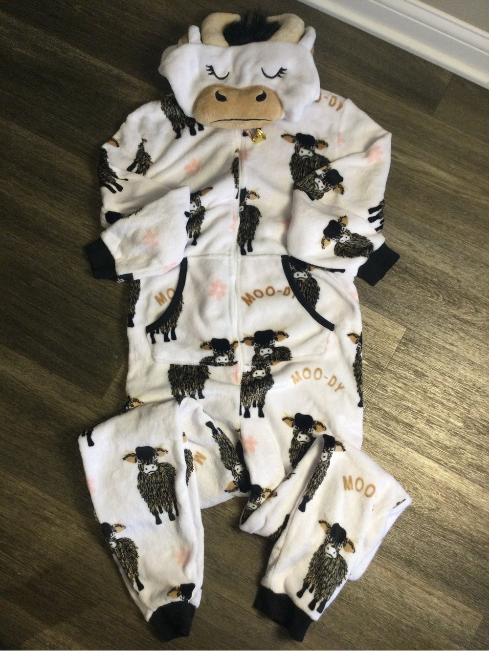 Holiday Time White Plush Hooded Animal-Print Onesie with Pink Accents